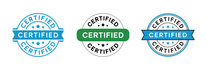 Obraz premium Certified Stamp Vector Set - 3 Icons in Blue, Green, and Black for Official, Verified, and Guaranteed Product or Service Quality.