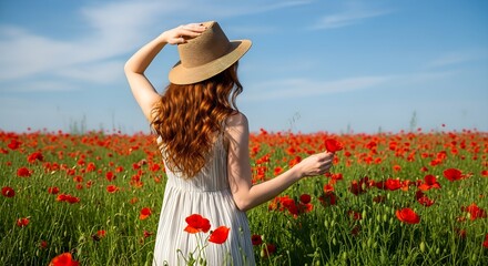 Woman in hat stands in field of red poppies under blue sky