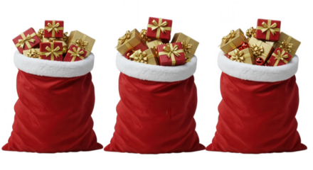 Three red Santa gift bags full of presents isolated on transparent background