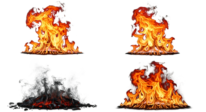 3d illustration of set of four distinct fire elements with flames and smoke, isolated on a transparent background, showcasing different intensities and forms of burning