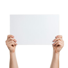 Obraz premium Hand holding a blank white sign isolated on transparent background