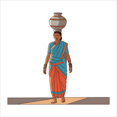 Illustration of a traditional Indian woman in a sari carrying a water pot on her head, representing rural village life.