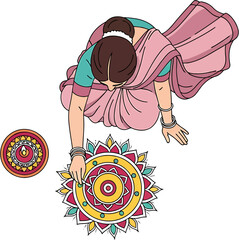 An Indian woman in a traditional sari creating a colorful Rangoli design on the floor for a festive celebration like Diwali