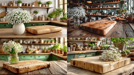 Four views of rustic wooden cutting boards, each atop a kitchen or garden setting, featuring small bouquets of white flowers