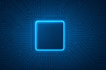 A stylized digital illustration of a central processing unit (CPU) glowing with blue neon light at the center of a dark motherboard. Circuit lines radiate outward in all directions
