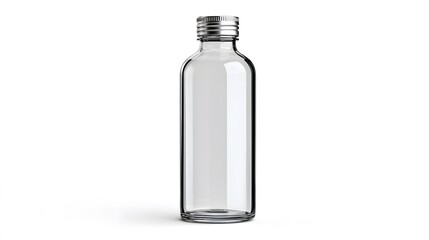 Transparent bottle with metal cap isolated on white background, studio lighting, no text or logo