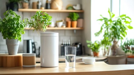 Bright, modern kitchen countertop with plants, water glass, and storage container.
