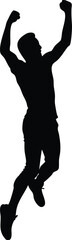Silhouette of a Jumping Man Celebrating with Raised Arms, Excited Victory Pose on White Background