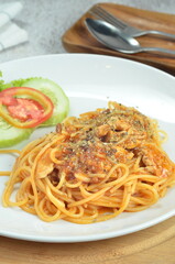Pasta spaghetti bolognese with minced beef sauce and tomatoes, one of the restaurant menus in Jakarta