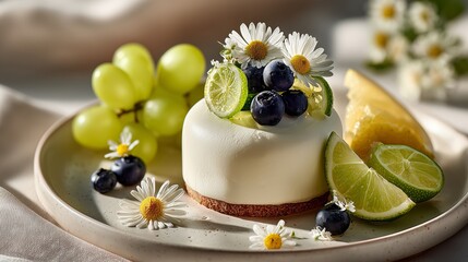 summer fruit cream cake with blueberries lime and daisies on white plate