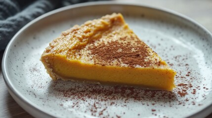 Close-up of a slice of golden pumpkin pie on a plate, dusted with cocoa powder.