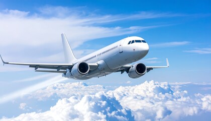 Obraz premium A white passenger jet in flight above a fluffy cloud layer against a vivid blue sky