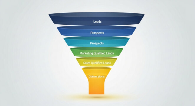 Sales funnel diagram showing the stages from leads to conversion on white background