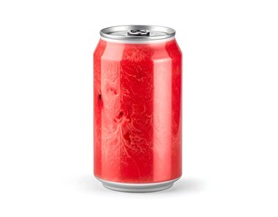 Aluminum can, seemingly filled with watermelon, sits against a white background