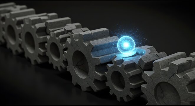 A glowing catalyst sphere activates a massive gear system, a powerful metaphor for the spark of innovation, system-wide change, and efficiency.