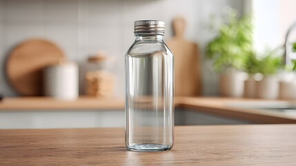 Clear bottle with metal cap in a kitchen setting with neutral tones, no text or logo