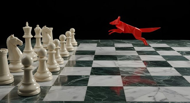 A red origami fox breaks the rules on a marble chessboard, a cinematic metaphor for disruptive innovation and unconventional strategy against a traditional opponent.