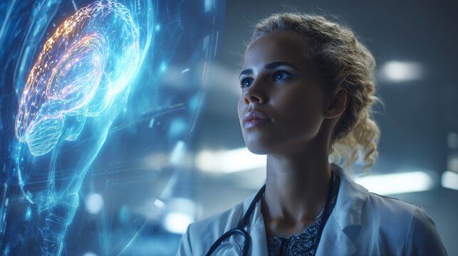 A cinematic shot of a female doctor analyzing a glowing 3D brain hologram on an AI diagnostic interface in a futuristic medical facility with clinical lighting - Powered by Adobe