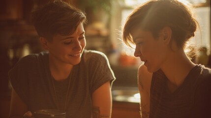 A warm morning moment between two women in a sunlit kitchen, an LGBTQ+ couple sharing coffee and love in a peaceful, intimate home setting