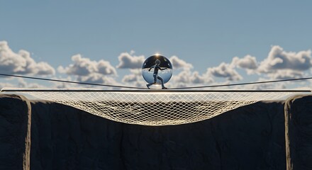 A glass orb takes risks on a tightrope, enabled by a glowing safety net below, a powerful metaphor for innovation, support systems, and risk management.