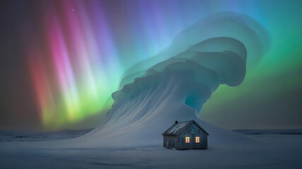 Small illuminated cabin under vibrant aurora borealis in snowy landscape northern lights night sky