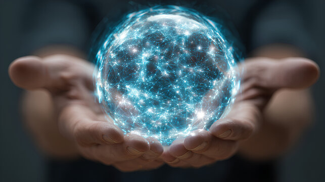 Holding Glowing Digital Globe World with Network Connections in Open Hands