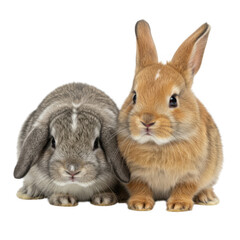 Obraz premium Two cute bunnies, one brown and one grey, isolated on transparent background
