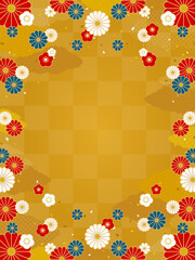 金色の市松模様と和風の花・雲の背景・フレーム素材（縦向き）