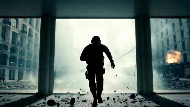 Rescue Officer Crashes Through Building Window Escaping Explosion in Slow Motion | Urban Action Scene with Glass Debris and Smoke | Cinematic Wide Shot in 4K