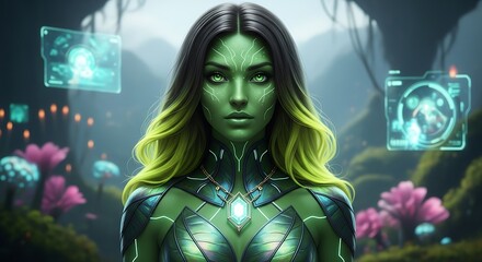 Enchanting alien woman in a futuristic fantasy landscape, mystical energy and advanced technology