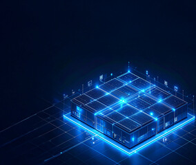 Conceptual 3D rendering of a glowing blue data center building connected by a network of lines and symbols. This futuristic image symbolizes cloud computing, big data, and IT infrastructure.