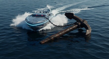 A futuristic speedboat is held back by a rusty anchor, a powerful metaphor for legacy systems, technical debt, and the past hindering progress