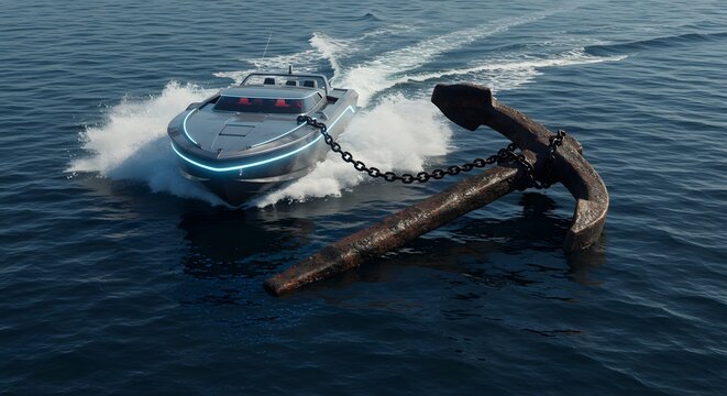 A futuristic speedboat is held back by a rusty anchor, a powerful metaphor for legacy systems, technical debt, and the past hindering progress