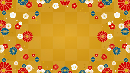 金色の市松模様の背景に和風の花々を散りばめたフレーム素材（横向き16:9）