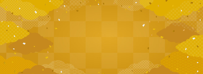 金色の市松模様と和柄の雲の背景・フレーム素材（バナー向け横長）
