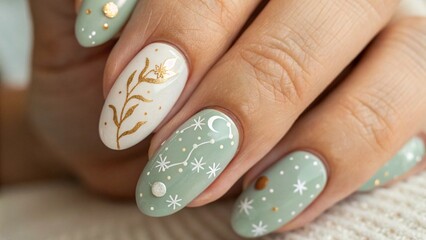 Close Up of Virgo Zodiac Nail Art in Beige and Green with Floral Accents Ideal for Earth Signs