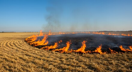 Wide shot of a controlled burn in a harvested wheat field under a clear blue sky, showing intense orange flames against golden stubble, a rural landscape scene.