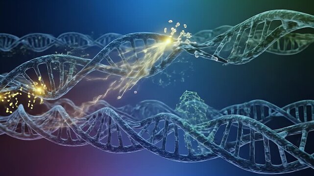 Abstract DNA strands intertwining, glowing particles bridging the gap, representing genetic connection or research.