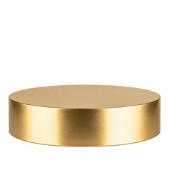 Low, circular, gold-toned pedestal; smooth, brushed metallic finish