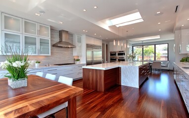 Fototapeta premium Modern, bright kitchen with hardwood floors