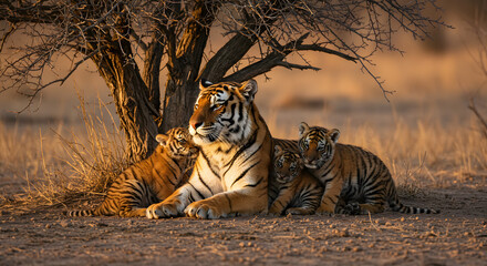 Serene tiger mother with cubs resting beneath the shade of a weathered tree at sunset © Kaca