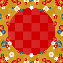 金色の市松模様の背景に和風の花々を散りばめたフレーム素材（正方形）
