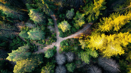 Aerial view of a diverging forest path bathed in golden sunset light, creating a serene natural scene.