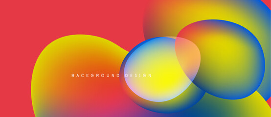 Abstract vibrant circles overlap, creating colorful gradients. Red background complements yellow, blue hues. Modern design element.