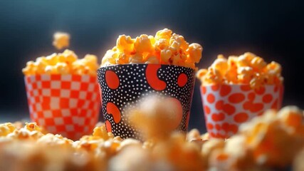 Popcorn Cascade: Delicious Snack Overflowing from Colorful Cups in Slow Motion - Powered by Adobe