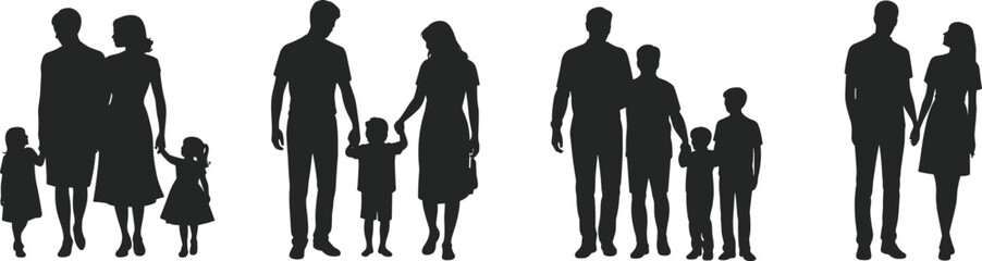 Silhouettes of families parents, children, mother, father, walking together, holding hands, family group, flat vector.eps
