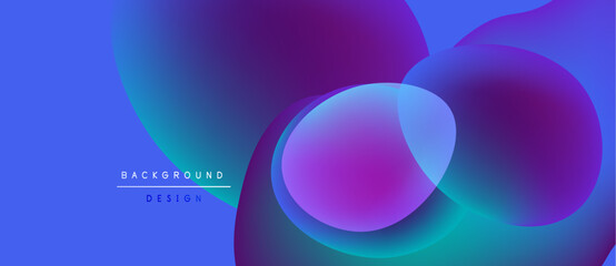 Abstract vibrant background. Overlapping circles create dynamic visual effect. Blue, purple hues dominate composition. Modern design element.
