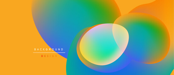 Abstract vibrant shapes overlap, creating colorful fluid design. Orange dominates background, with green, blue hues. Modern aesthetic.