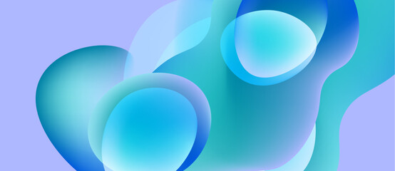 Abstract fluid shapes overlap, creating soft blue hues against lavender background. Smooth gradients suggest movement, depth.