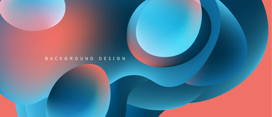 Abstract fluid shapes blend blues, corals. Modern design evokes movement, depth. Gradient colors create dynamic visual impact.